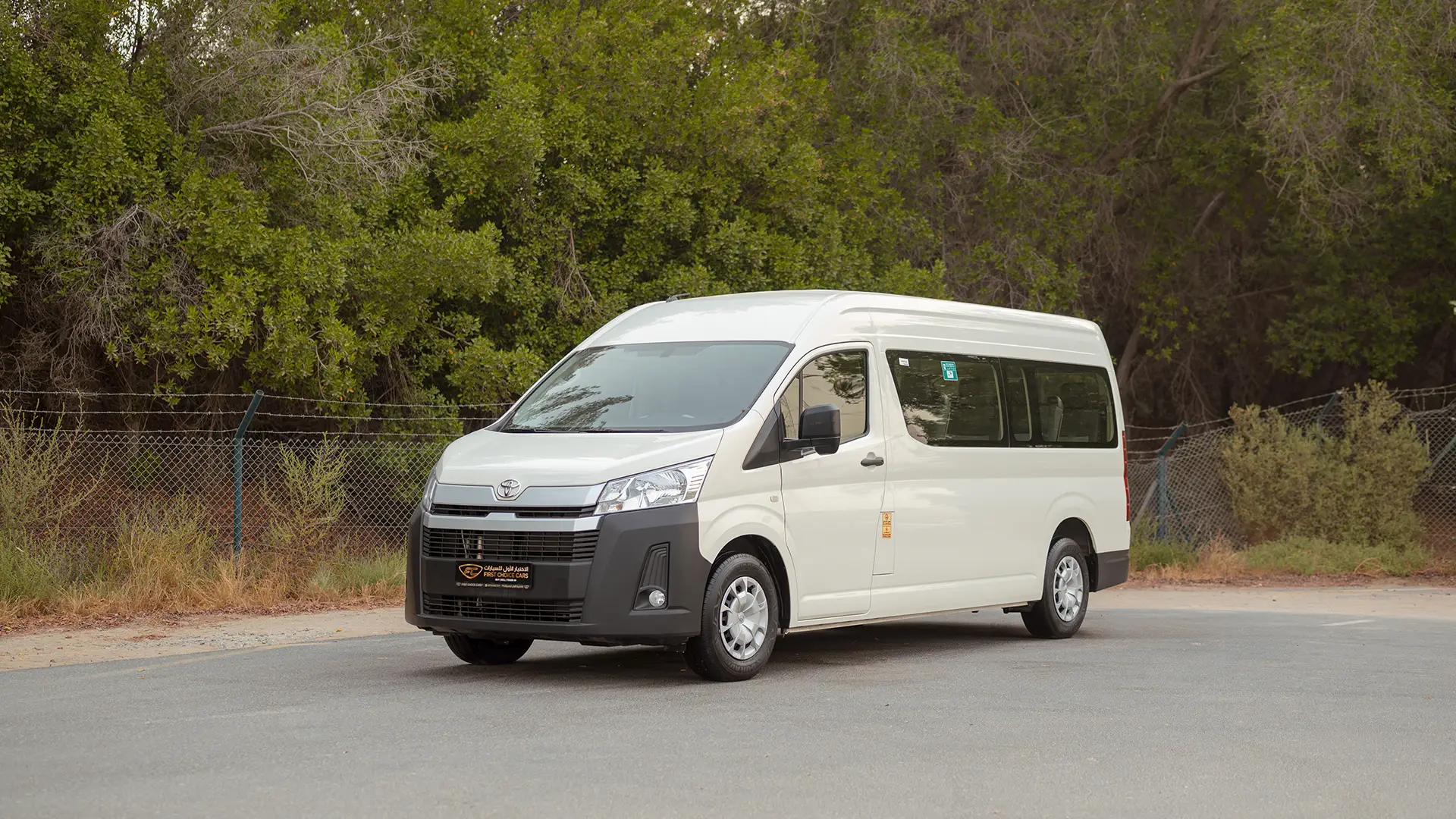 Used 2026 Toyota Hiace GL High Roof in White – Left Front Diagonal (45°) View for Sale at First Choice Cars Dubai Sharjah