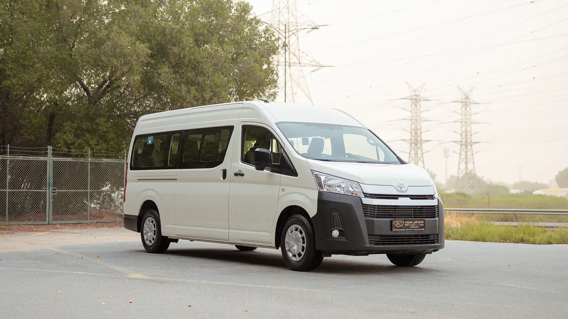 Used 2026 Toyota Hiace GL High Roof in White – Right Front Diagonal (45°) View for Sale at First Choice Cars Dubai Sharjah