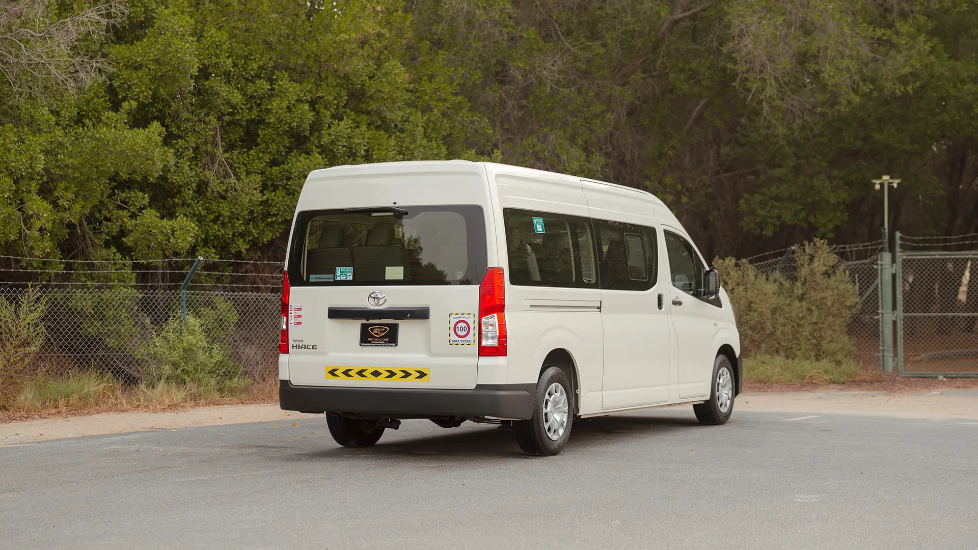 Used 2026 Toyota Hiace GL High Roof in White – Right Back Diagonal (45°) View for Sale at First Choice Cars Dubai Sharjah