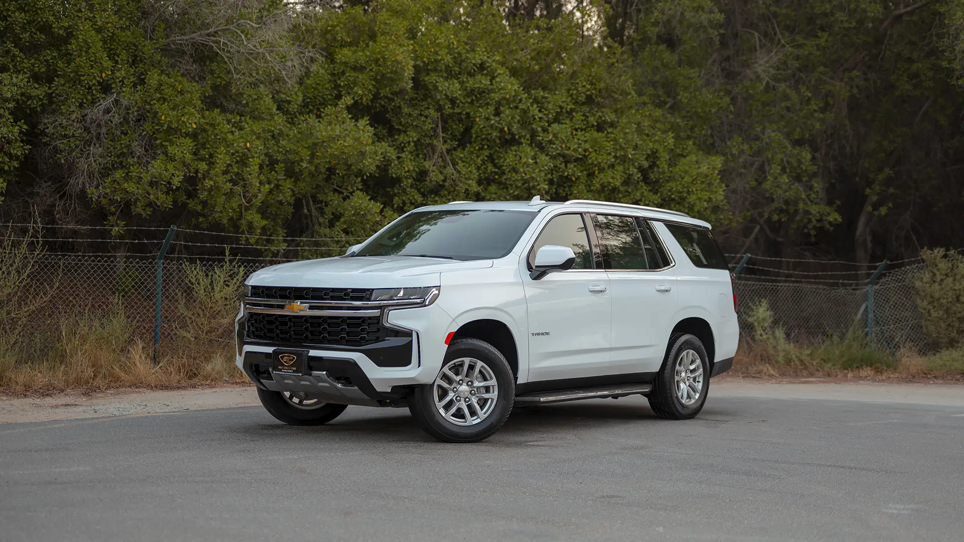 Used 2024 Chevrolet Tahoe LS in White – Left Front Diagonal (45°) View for Sale at First Choice Cars Dubai Sharjah