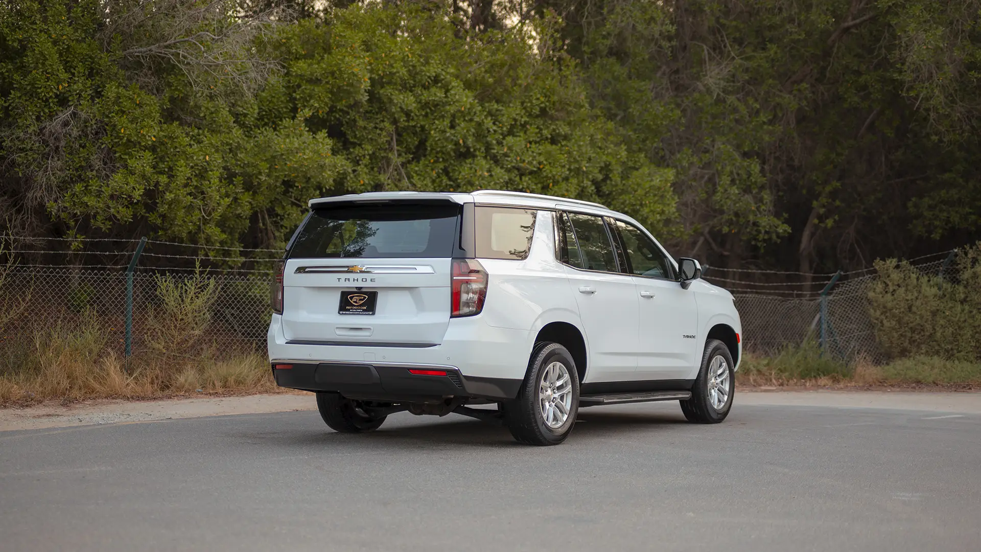 Used 2024 Chevrolet Tahoe LS in White – Right Back Diagonal (45°) View for Sale at First Choice Cars Dubai Sharjah