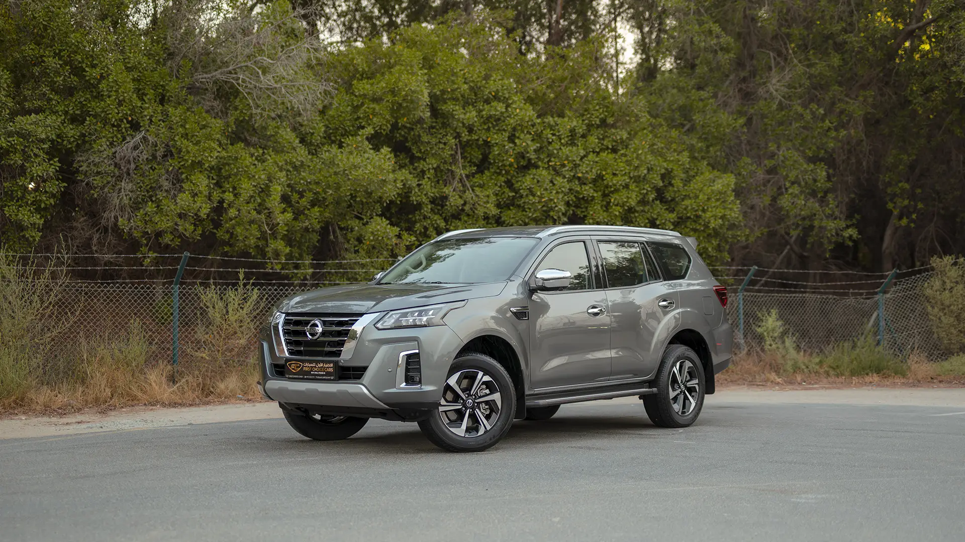 Used 2023 Nissan Xterra Platinum in Grey – Left Front Diagonal (45°) View for Sale at First Choice Cars Dubai Sharjah