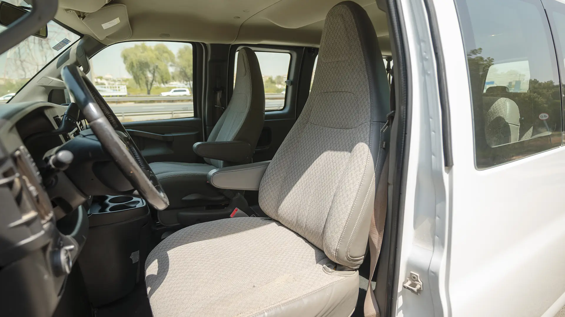 Used 2020 Chevrolet Express LS in White – Front Driver Side Cabin View for Sale at First Choice Cars Dubai Sharjah