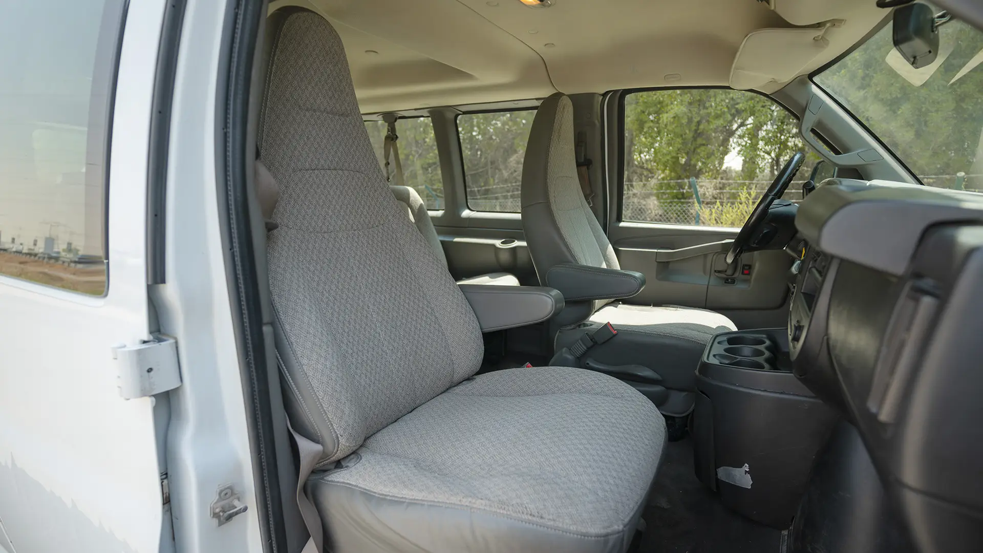 Used 2020 Chevrolet Express LS in White – Front Passenger Side Cabin View for Sale at First Choice Cars Dubai Sharjah