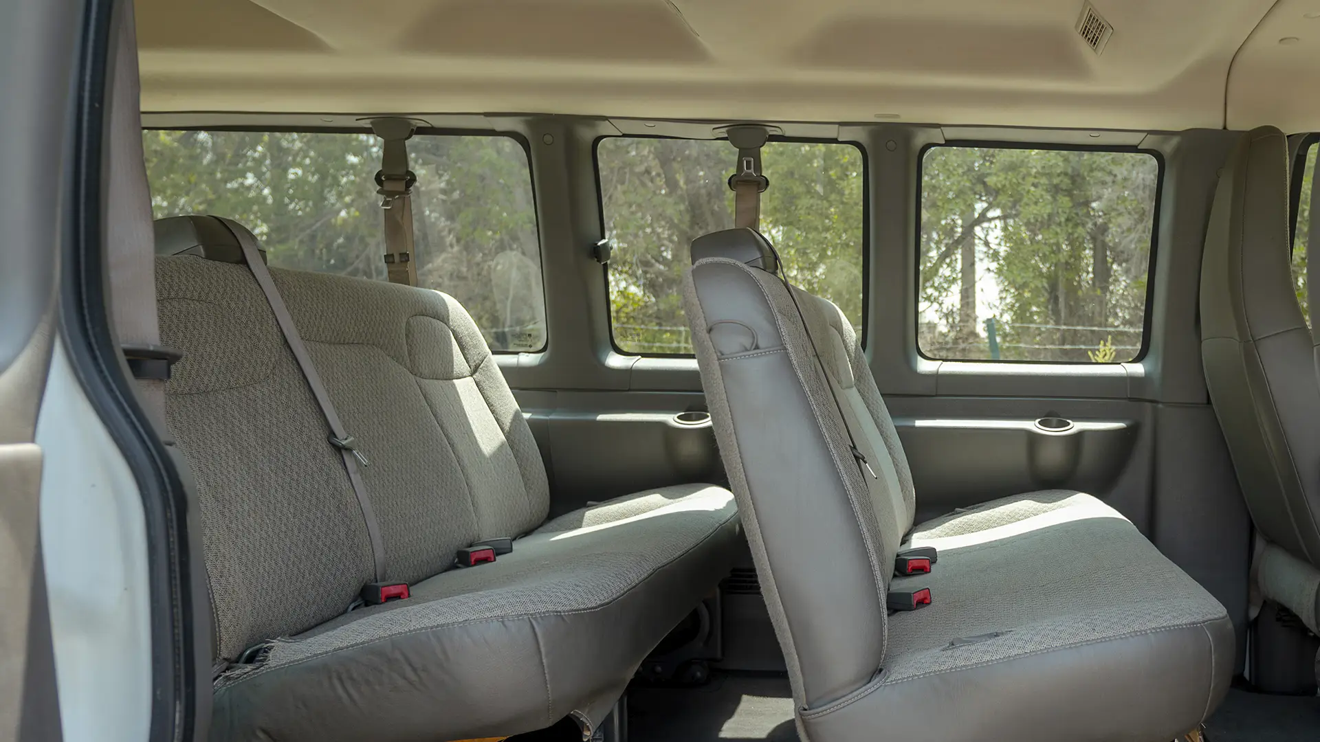 Used 2020 Chevrolet Express LS in White – Rear Passenger Side Cabin View for Sale at First Choice Cars Dubai Sharjah