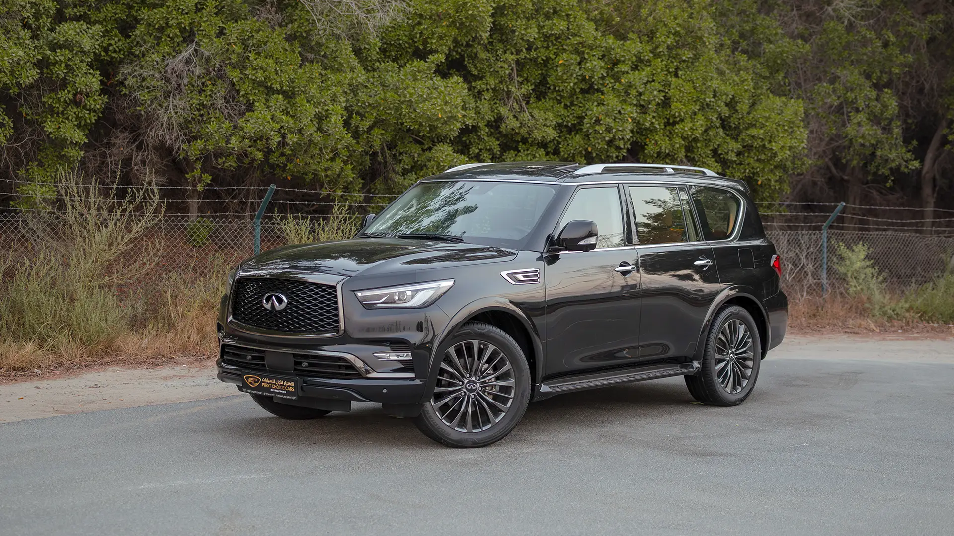 Used 2021 Infiniti QX80 Sensory in Black – Left Front Diagonal (45°) View for Sale at First Choice Cars Dubai Sharjah