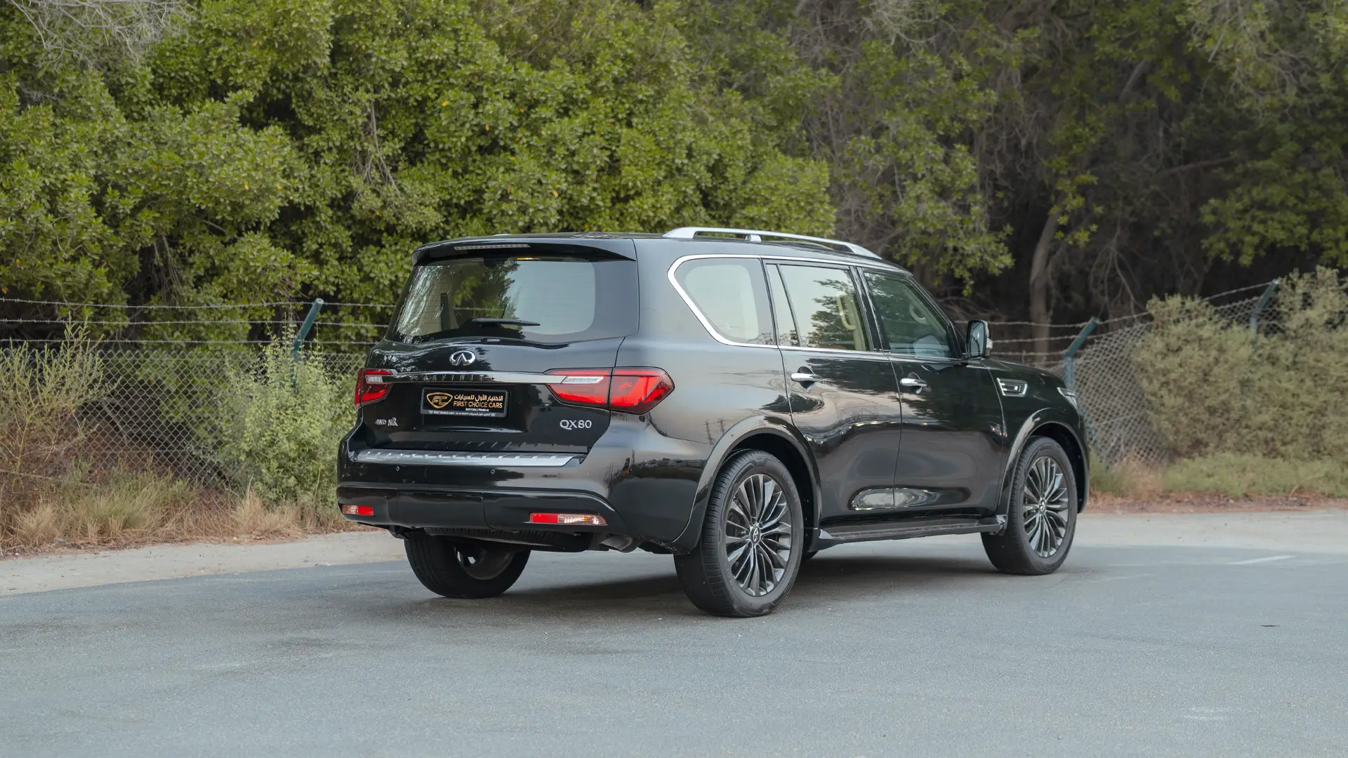 Used 2021 Infiniti QX80 Sensory in Black – Right Back Diagonal (45°) View for Sale at First Choice Cars Dubai Sharjah