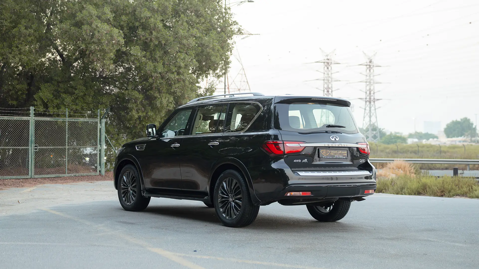 Used 2021 Infiniti QX80 Sensory in Black – Left Back Diagonal (45°) View for Sale at First Choice Cars Dubai Sharjah