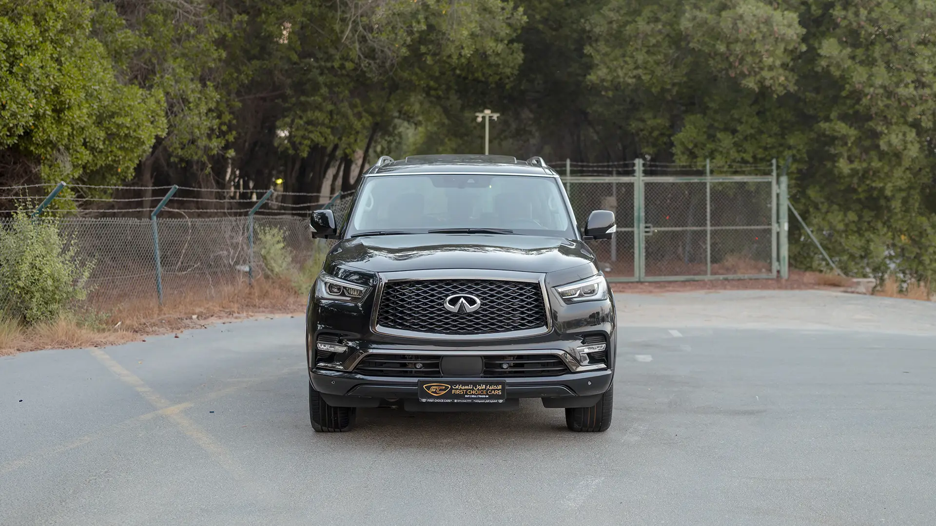 Used 2021 Infiniti QX80 Sensory in Black – Front View for Sale at First Choice Cars Dubai Sharjah
