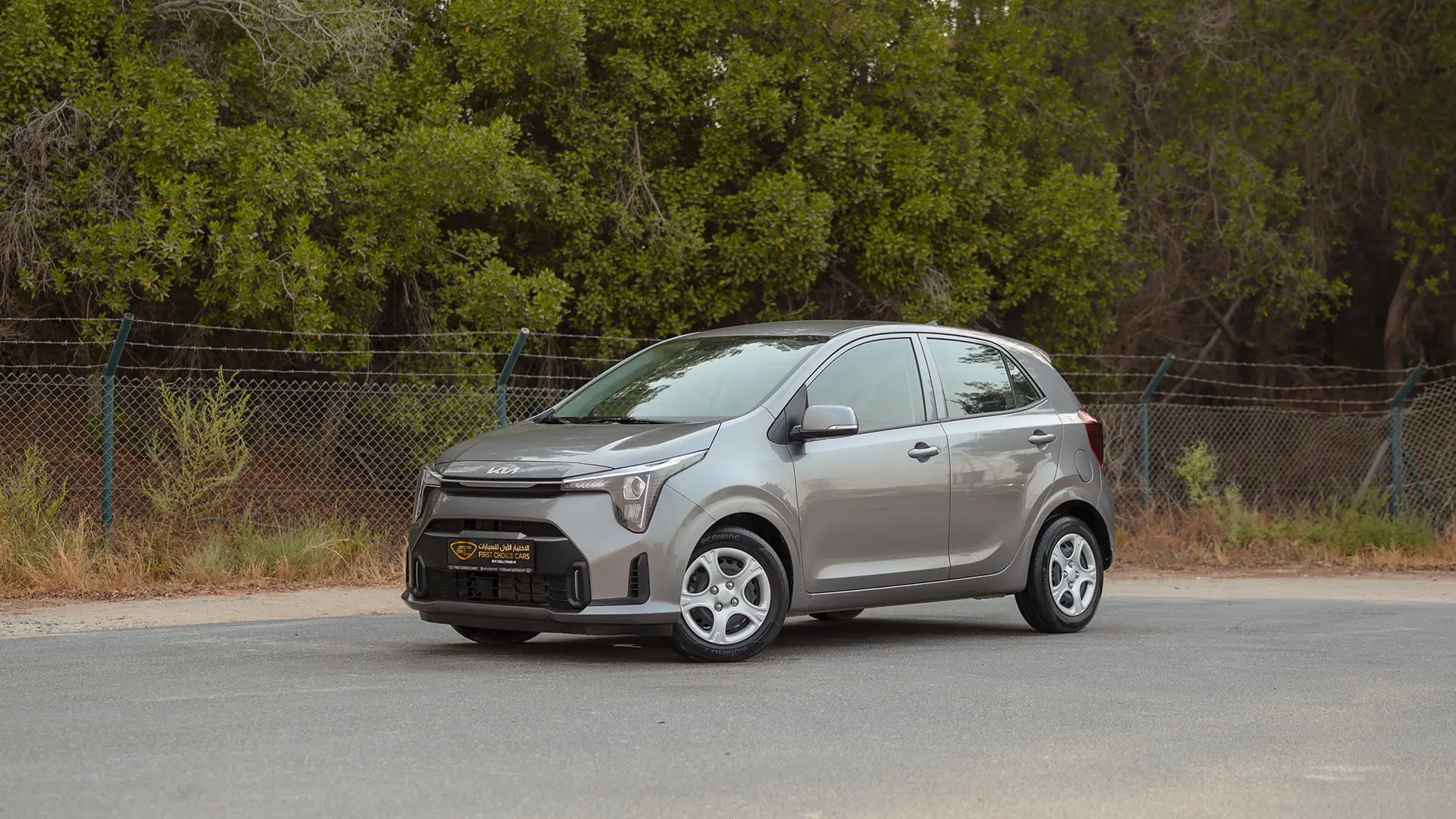 Used 2024 Kia Picanto LX in Grey – Left Front Diagonal (45°) View for Sale at First Choice Cars Dubai Sharjah