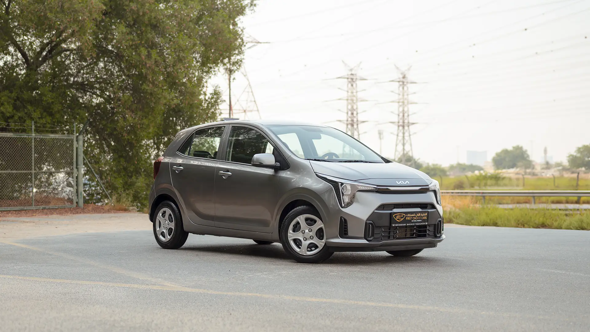 Used 2024 Kia Picanto LX in Grey – Right Front Diagonal (45°) View for Sale at First Choice Cars Dubai Sharjah
