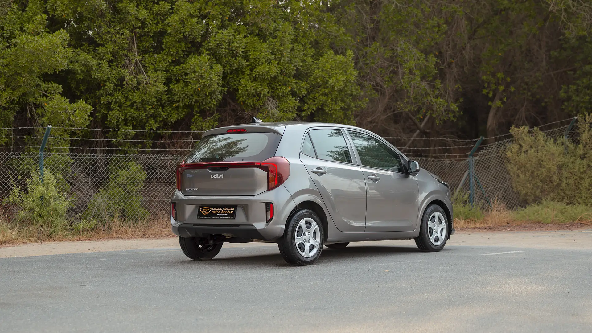 Used 2024 Kia Picanto LX in Grey – Right Back Diagonal (45°) View for Sale at First Choice Cars Dubai Sharjah