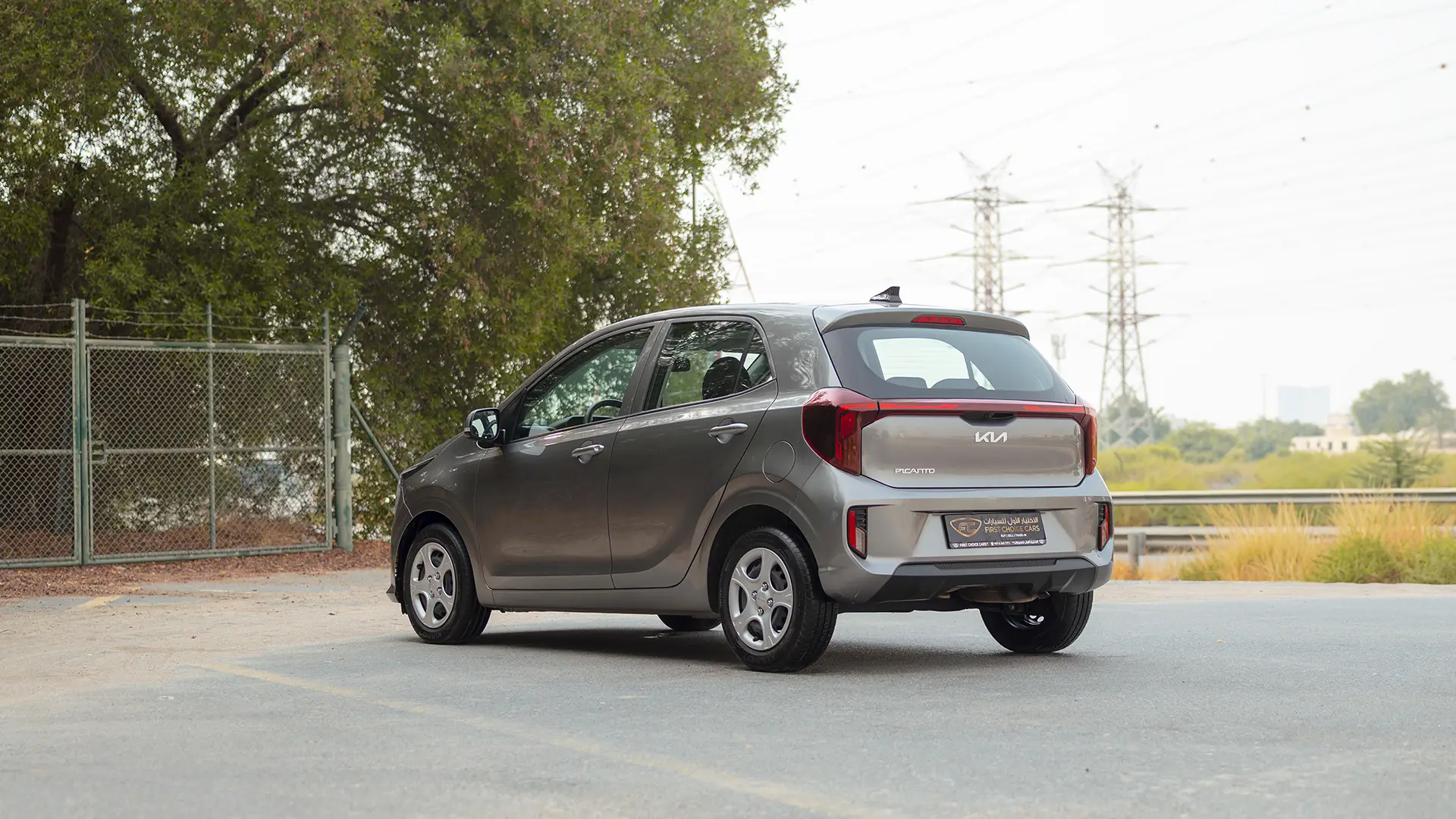 Used 2024 Kia Picanto LX in Grey – Left Back Diagonal (45°) View for Sale at First Choice Cars Dubai Sharjah