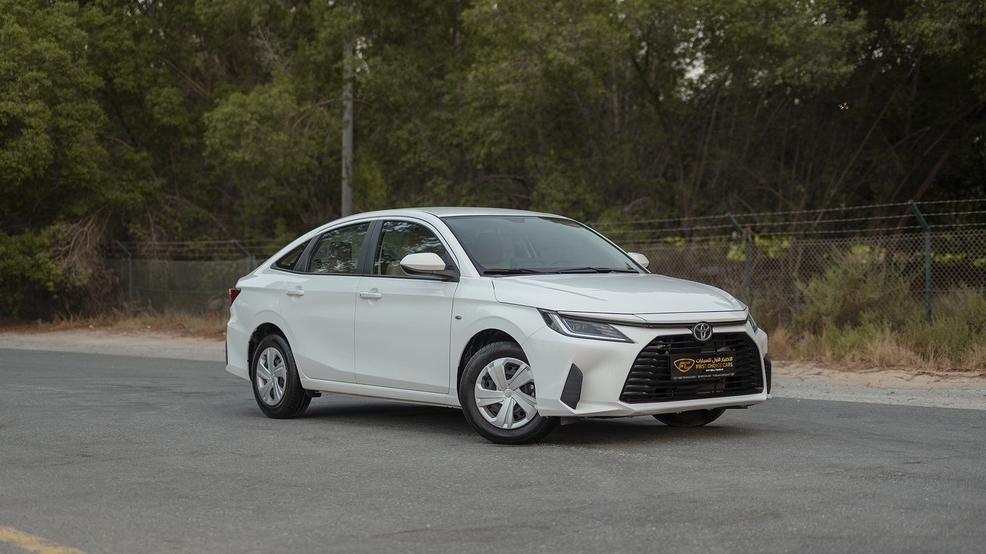 Used 2024 Toyota Yaris E in White – Right Front Diagonal (45°) View for Sale at First Choice Cars Dubai Sharjah